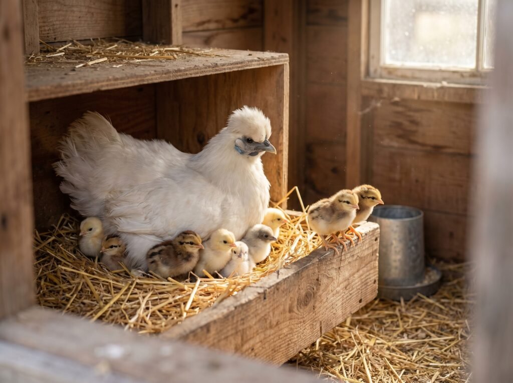 Silkie hen brooding chicks naturally in a nest box, chicks peeking from under her feathers