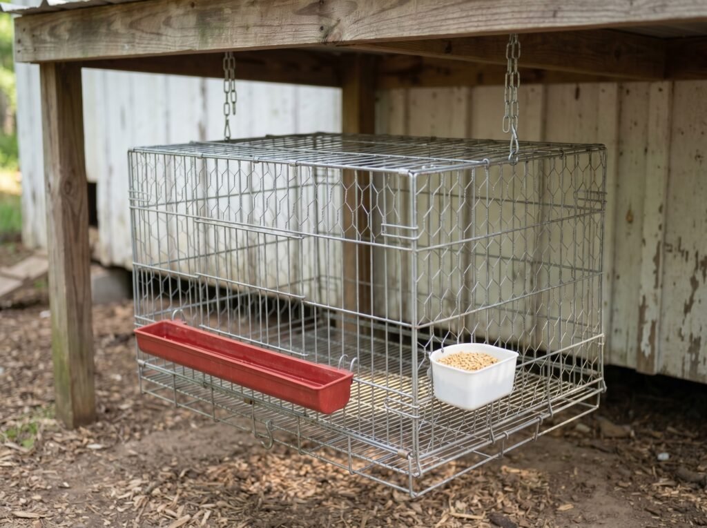 Raised wire crate with waterer and feeder clipped to sides, set up to break a broody hen