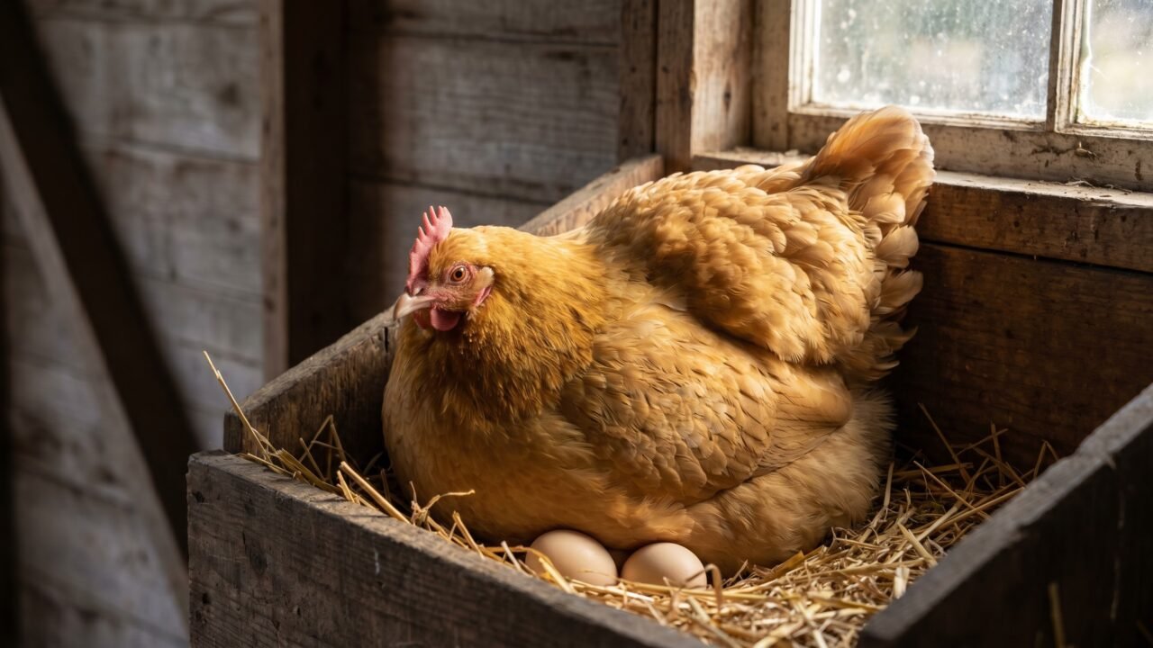 Buff Orpington broody hen sitting tight on eggs in a wooden straw nest box