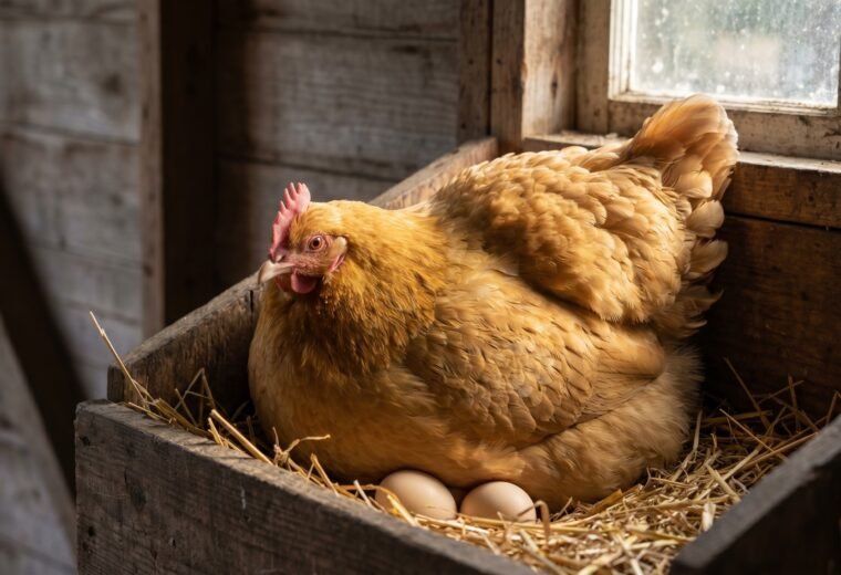 Buff Orpington broody hen sitting tight on eggs in a wooden straw nest box