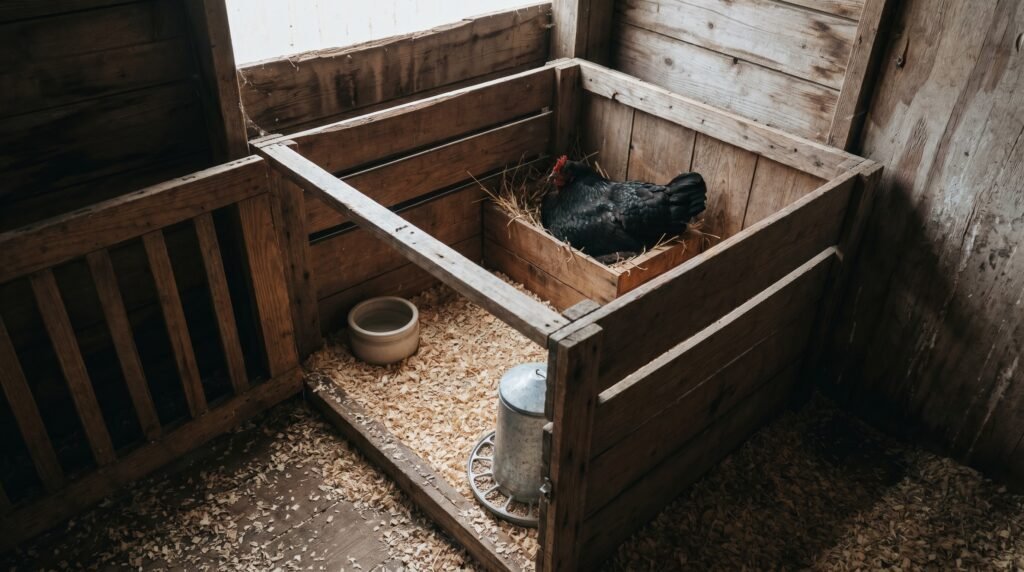 Small isolation pen with nest box, water, and feeder for a broody hen inside a coop