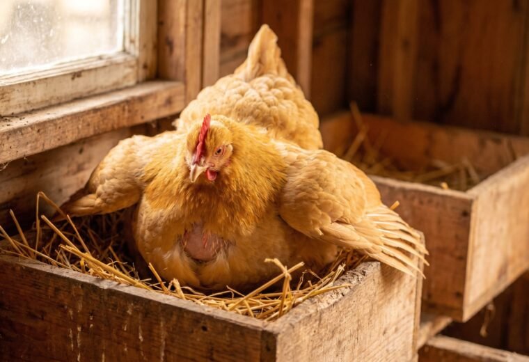 Buff Orpington broody hen puffed up and sitting low in a wooden nest box