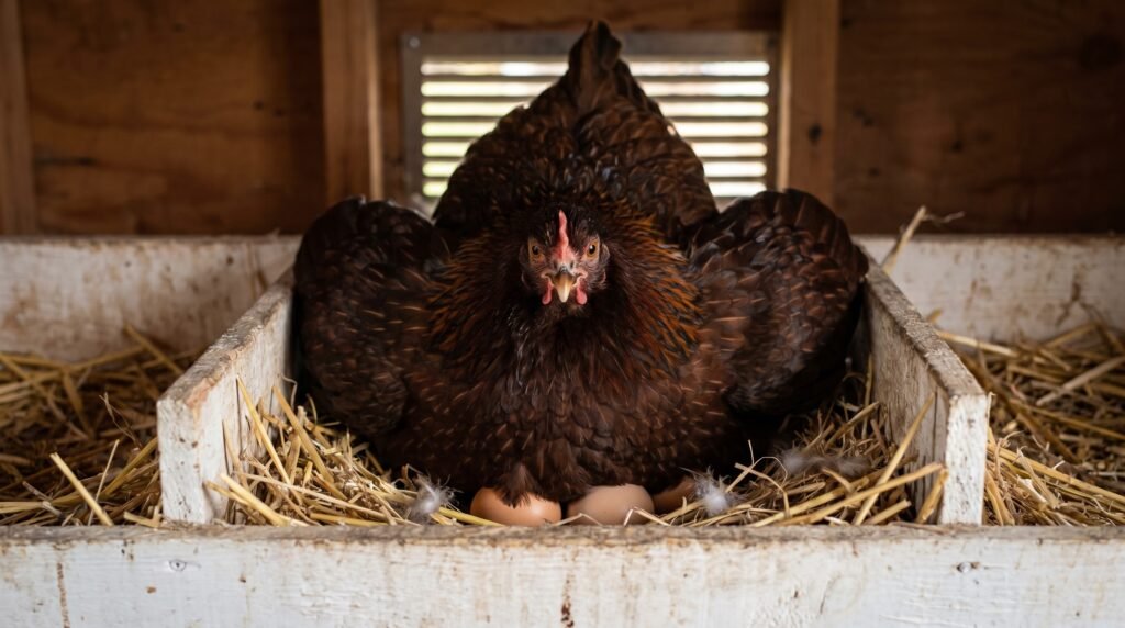Cochin hen puffed up and settled in a nest box showing classic broody hen behavior