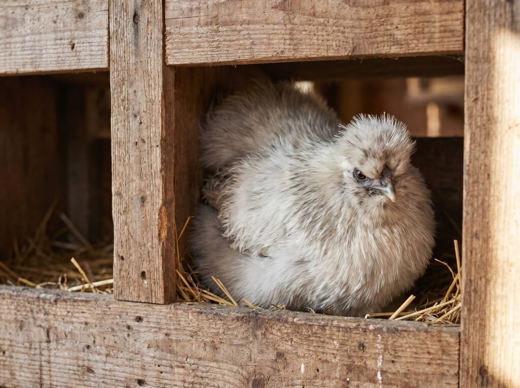 broody Silkie hen puffed up and sitting firmly in wooden nest box