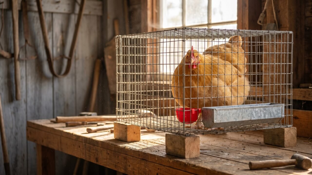 Buff Orpington hen sitting in a raised wire-floor crate used to break broodiness