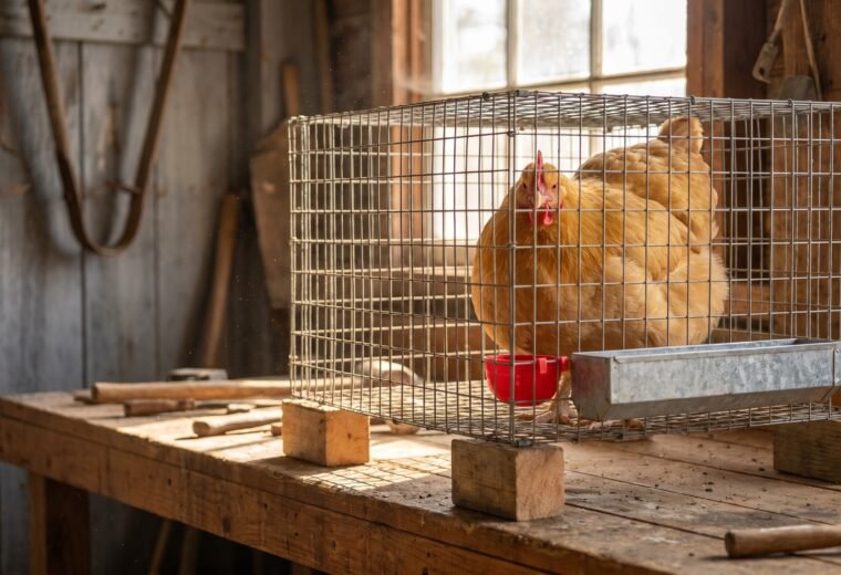 Buff Orpington hen sitting in a raised wire-floor crate used to break broodiness