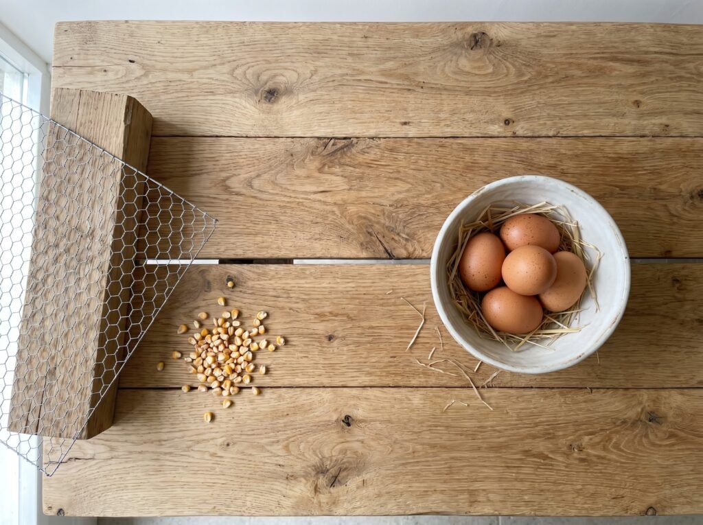 Farm table with wire panel and eggs representing the break-or-hatch decision for a broody hen