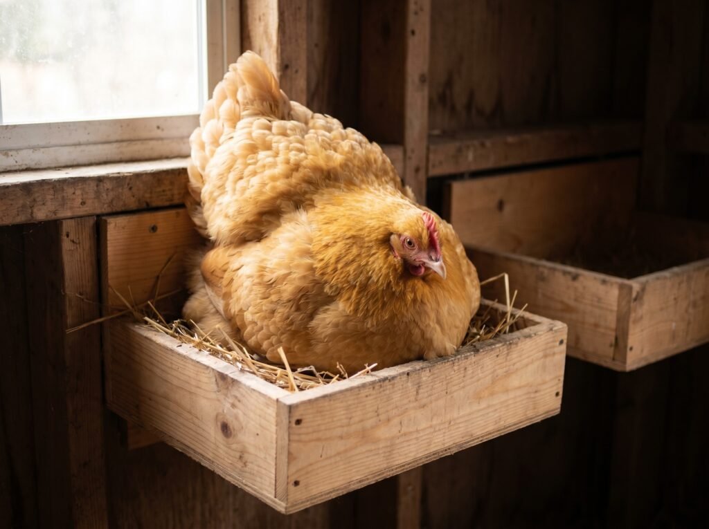 Broody Buff Orpington hen spread wide in a wooden nest box with straw bedding