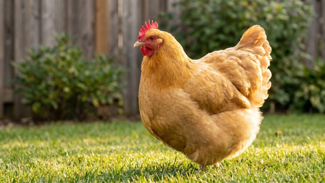 Buff Orpington hen standing in a sunny backyard garden showing golden buff plumage