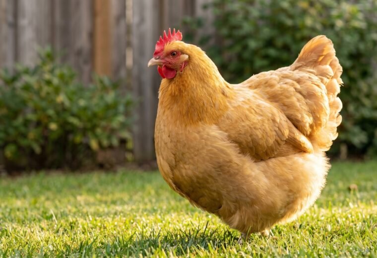 Buff Orpington hen standing in a sunny backyard garden showing golden buff plumage