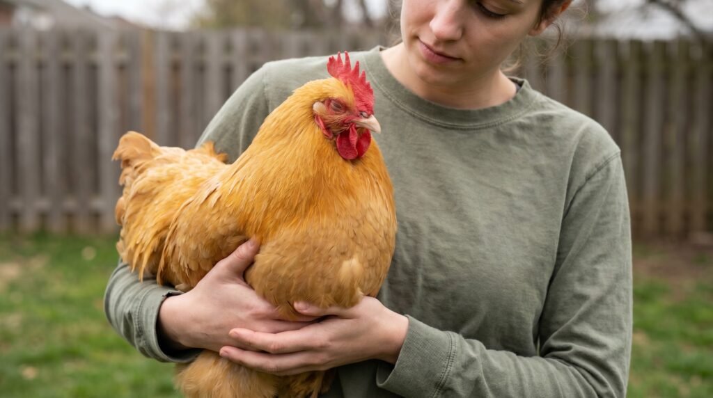 Calm Buff Orpington hen being gently held by a backyard keeper
