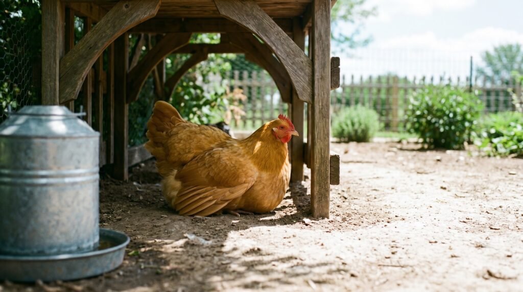 Buff Orpington hen resting in deep summer shade beside a waterer on a hot day
