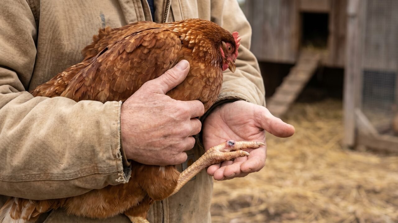 Keeper examining a hen's footpad for early bumblefoot signs, showing small dark scab