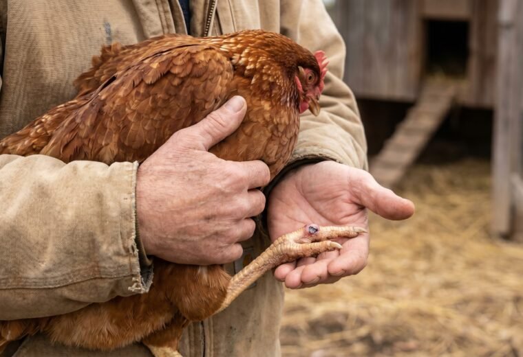 Keeper examining a hen's footpad for early bumblefoot signs, showing small dark scab