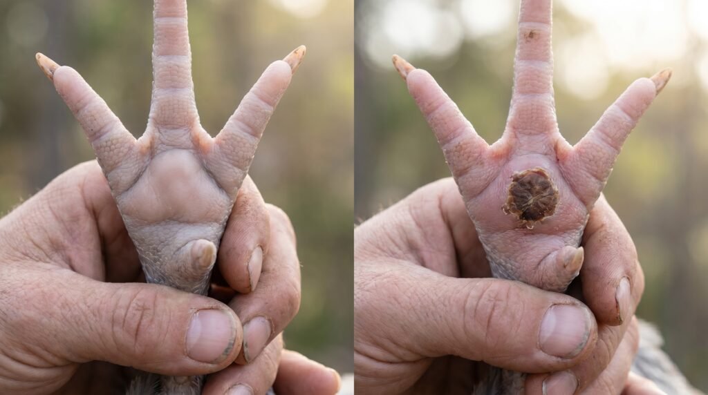 Side-by-side comparison of a healthy chicken footpad and one with early bumblefoot scab