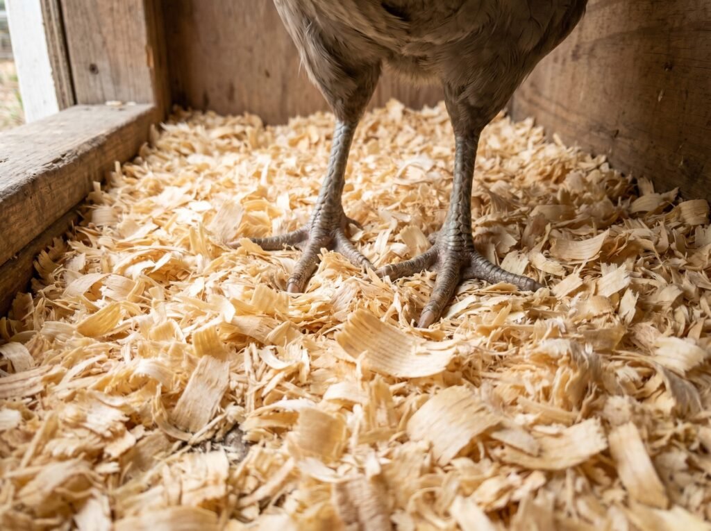 Dry, clean pine shaving bedding at proper depth in a well-managed chicken coop