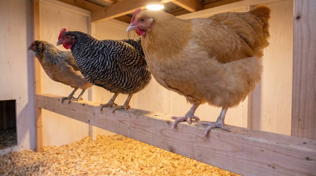 Chickens resting flat-footed on a wide wooden roost bar inside a clean coop