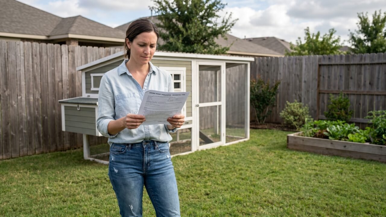 Suburban homeowner reads a chicken permit form beside a backyard coop