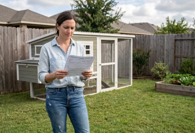 Suburban homeowner reads a chicken permit form beside a backyard coop