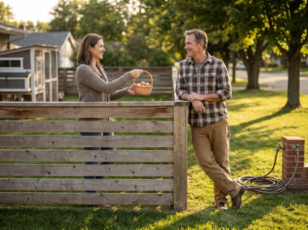 Neighbor offering fresh eggs over fence as a friendly backyard chickens gesture