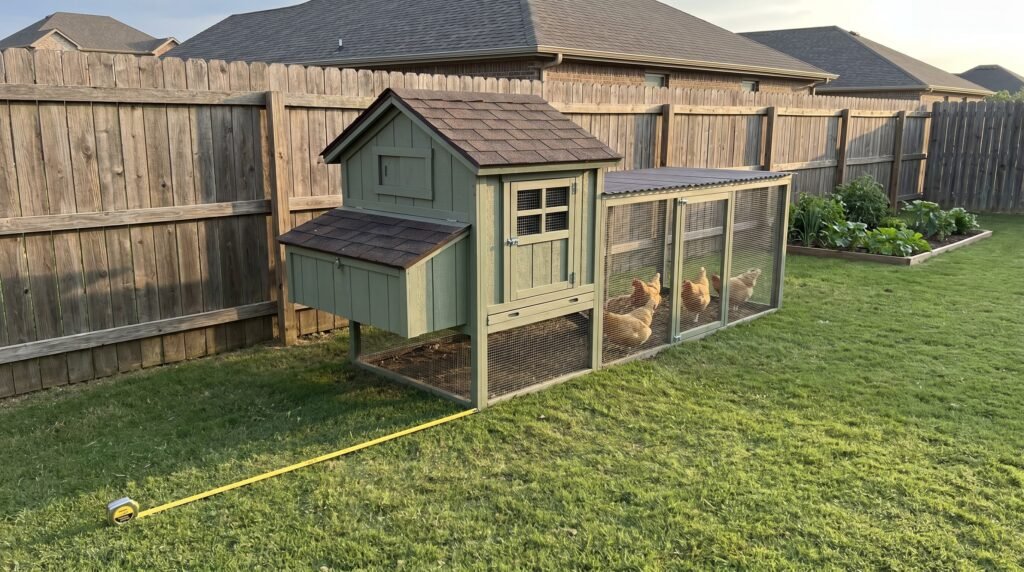 Backyard chicken coop with setback distance from property line fence shown