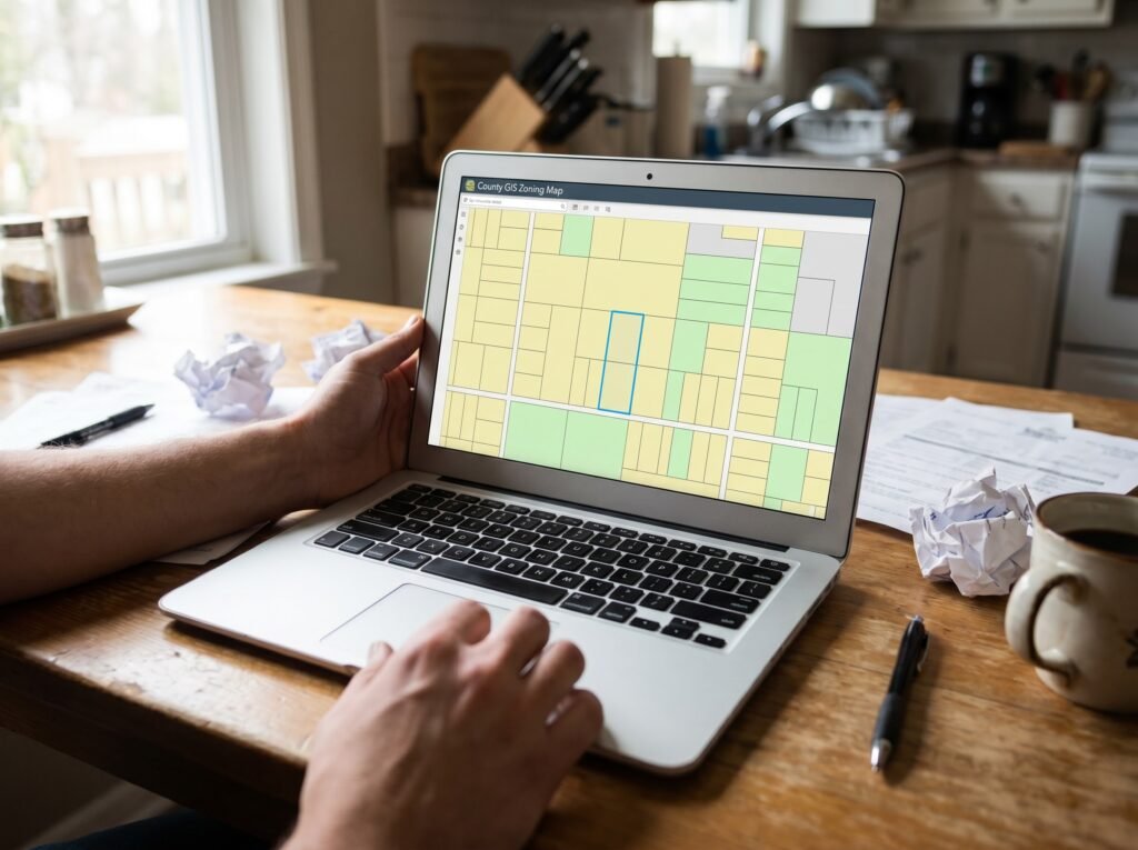 Hands using a laptop to look up a county zoning map before getting chickens