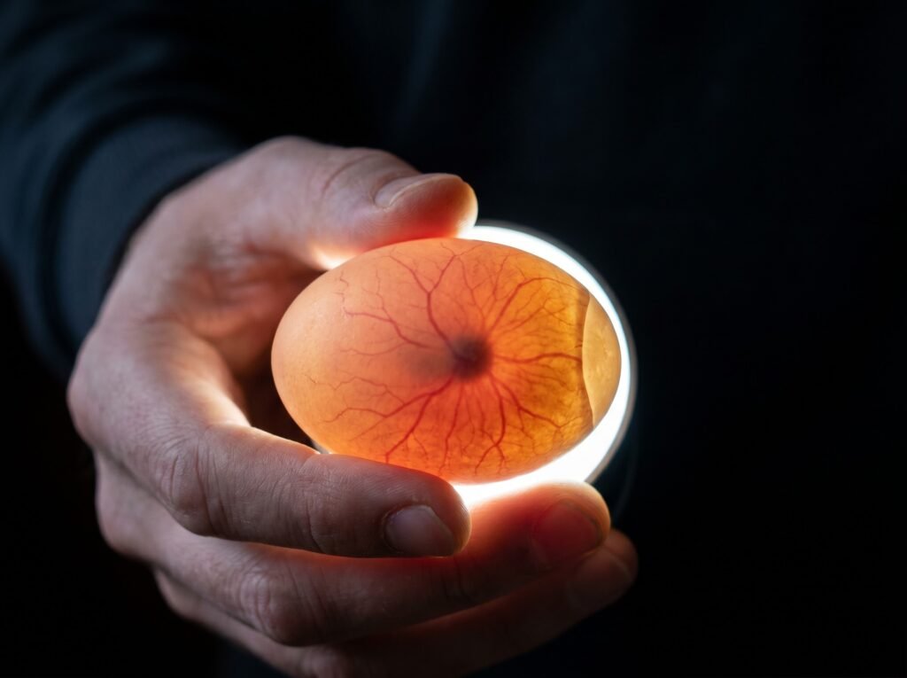 Chicken egg held to candler on day 7 showing red blood vessel network inside shell