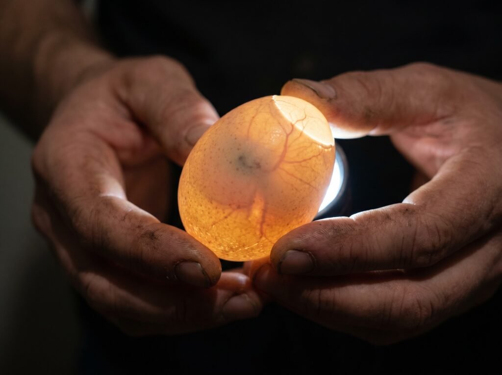 Candling a chicken egg at day 7 showing blood vessel network and embryo inside the shell