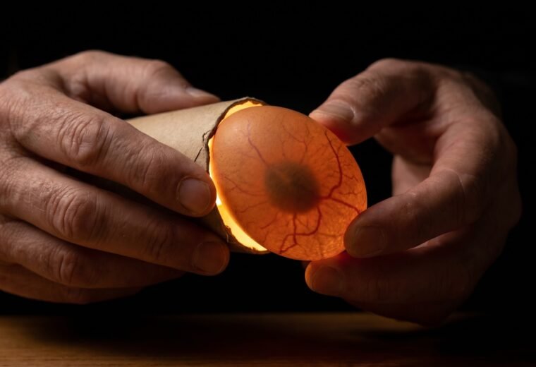 hands candling a brown chicken egg with a bright light revealing embryo development inside