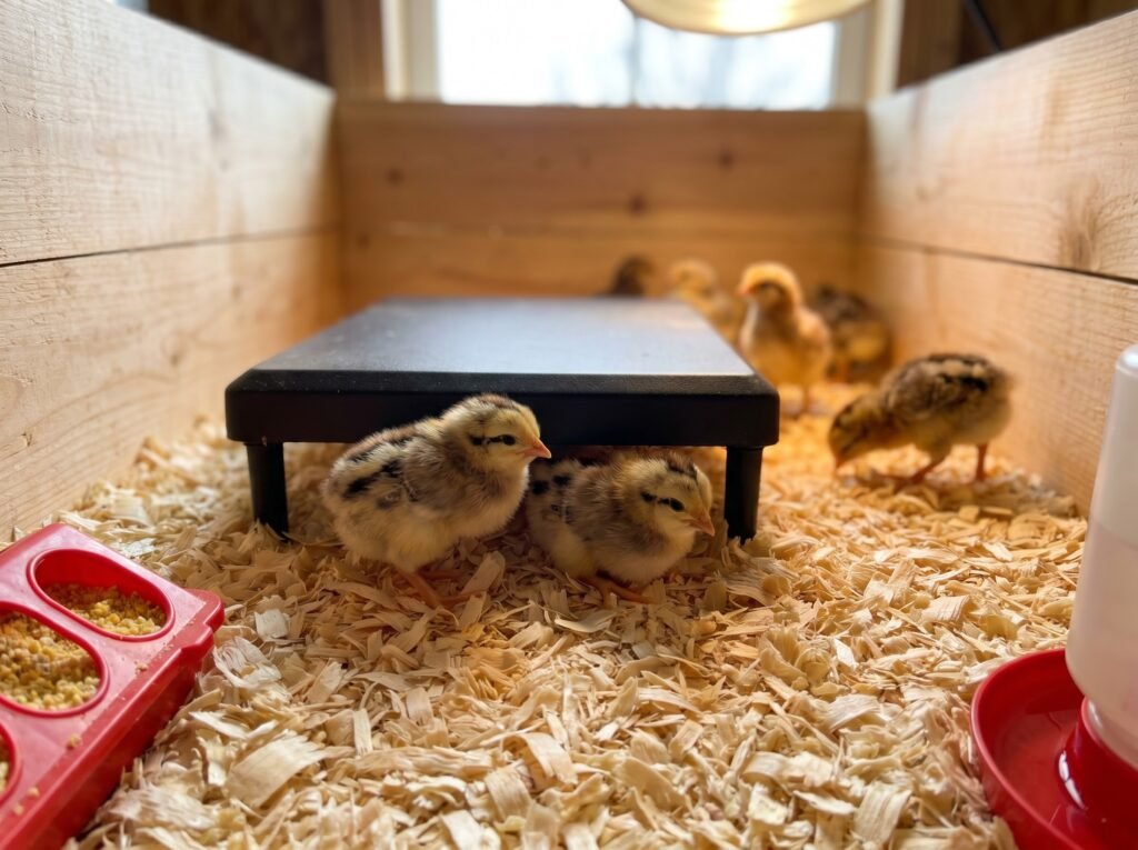 Day-old chicks gathered under a heat plate brooder in fresh pine shavings