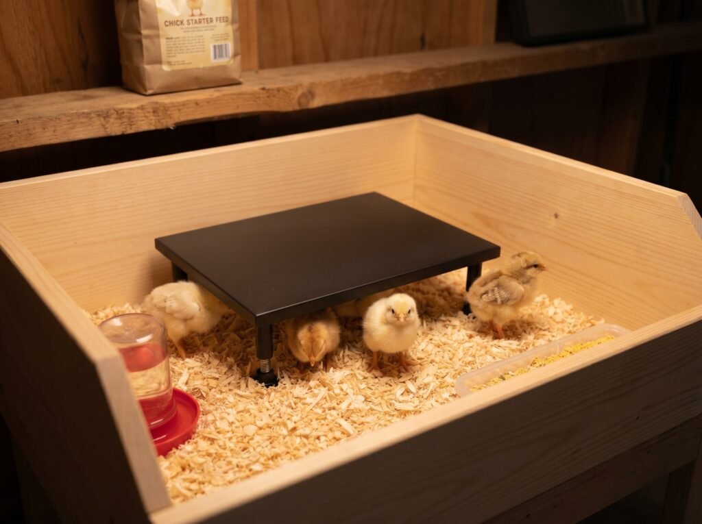 Day-old chicks evenly spread under a heat plate in a clean spring brooder setup