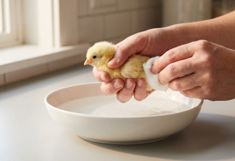 Hands gently cleaning a baby chick's vent during pasty butt first aid treatment