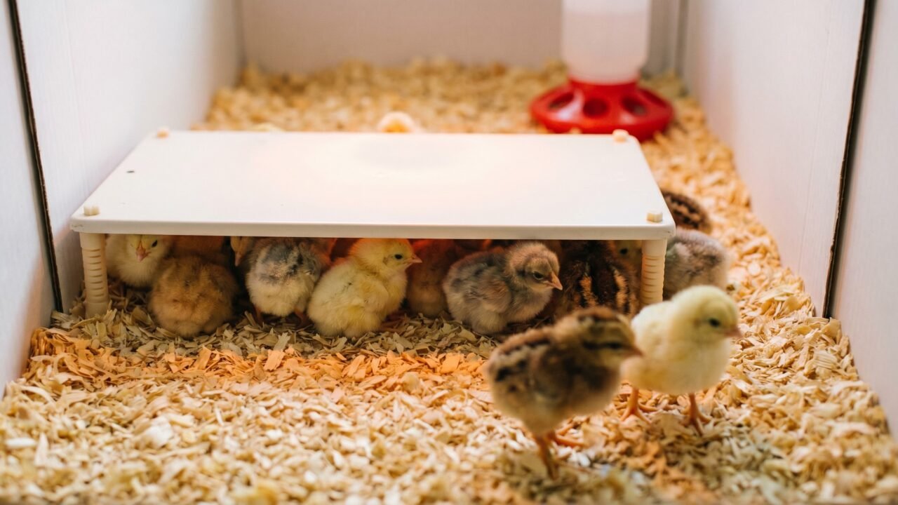 Day-old chicks huddling beneath a radiant heat plate in a pine-shaving brooder