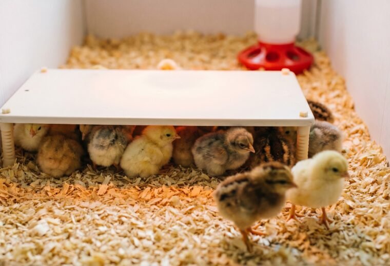 Day-old chicks huddling beneath a radiant heat plate in a pine-shaving brooder
