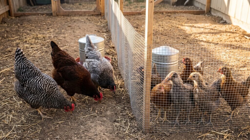 young pullets and adult hens separated by a temporary hardware cloth divider during flock integration