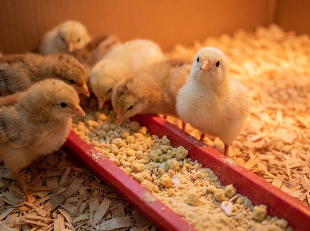 Day-old chicks eating starter crumbles from a red trough feeder in a warm brooder