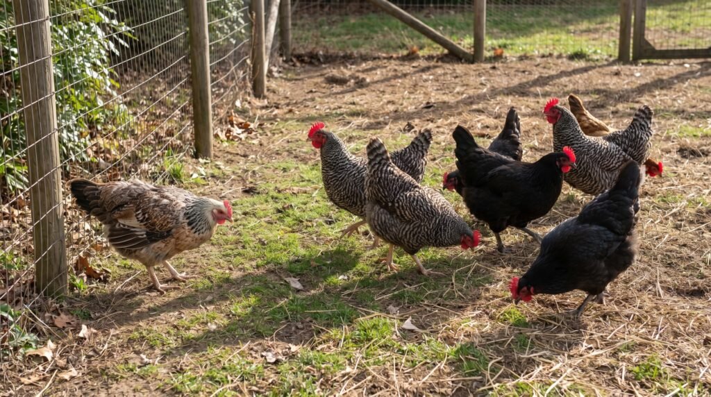 Backyard flock foraging normally while one hen stands apart with ruffled feathers, an early illness signal