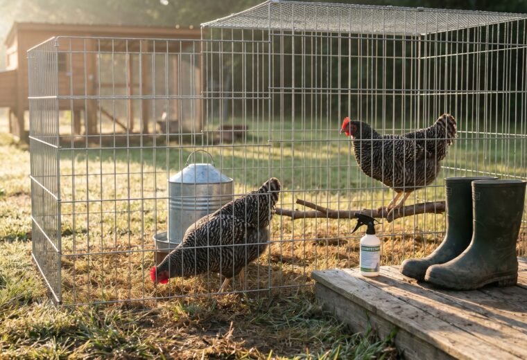 Two Barred Rock hens in a quarantine pen with rubber boots and disinfectant spray outside