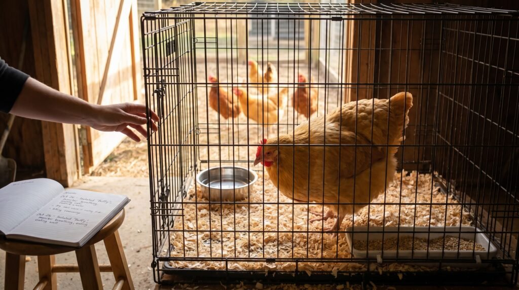 A Buff Orpington hen isolated in a clean wire crate for health monitoring, flock visible outside
