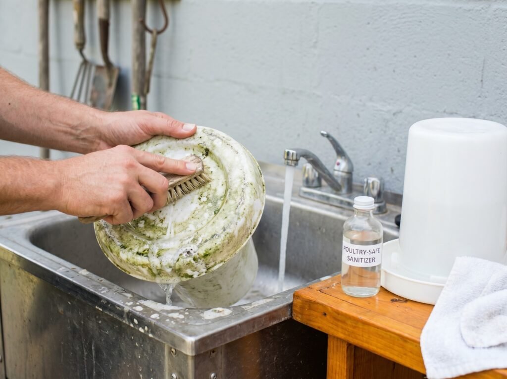 Hands scrubbing biofilm from a plastic chicken waterer with a stiff brush at a utility sink