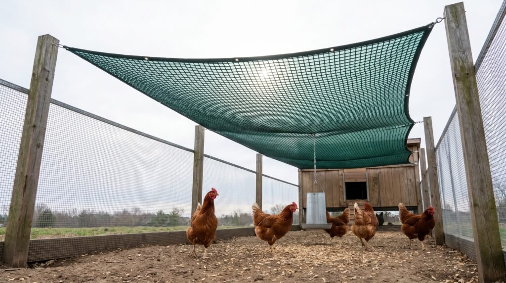 Covered chicken run with hardware cloth walls and overhead netting to exclude wild birds