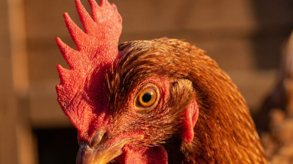 Close-up portrait of a Rhode Island Red hen's eye and comb showing light perception