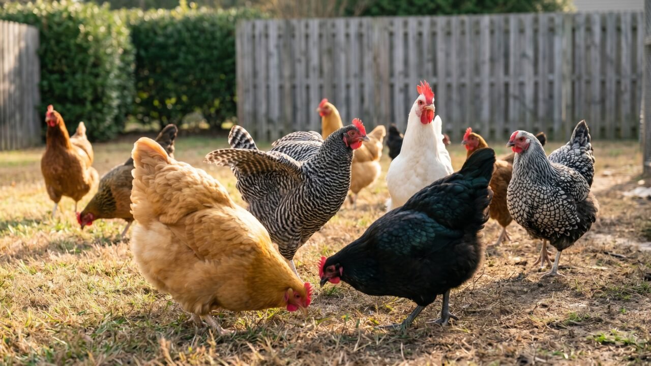 five chicken breeds standing together in a backyard run showing variety in size and plumage