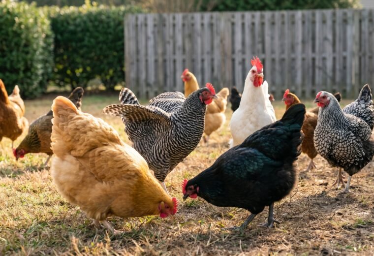 five chicken breeds standing together in a backyard run showing variety in size and plumage