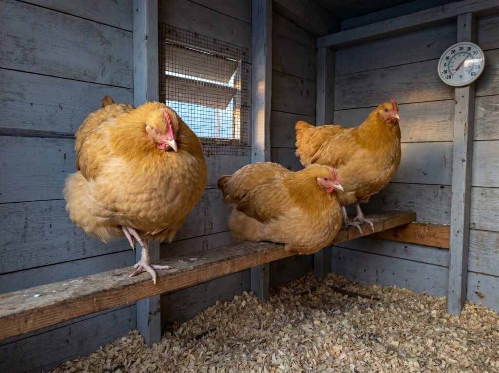 buff orpington hen showing cold-stress posture - puffed feathers and foot tucked up on roost