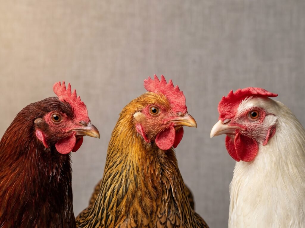 Pea comb, rose comb, and cushion comb chickens side by side showing cold-weather comb types