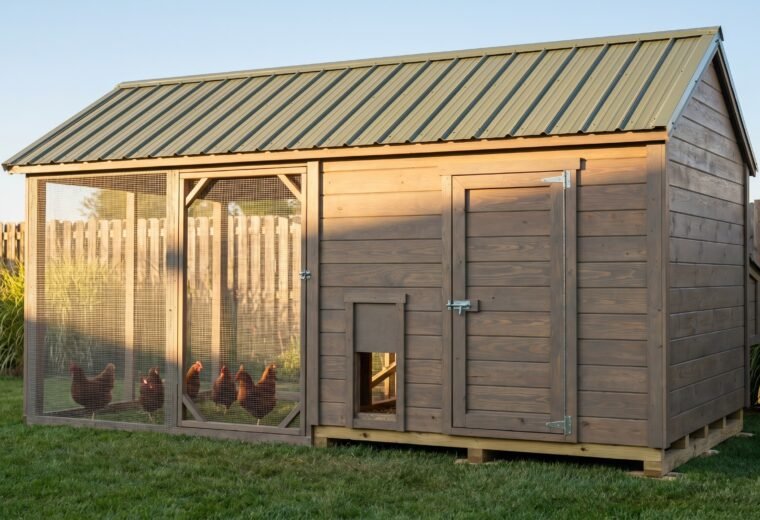 Backyard chicken coop sized for 10 hens with attached hardware-cloth run and pop door
