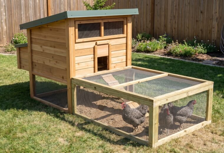 compact backyard chicken coop with attached run housing four hens on green grass