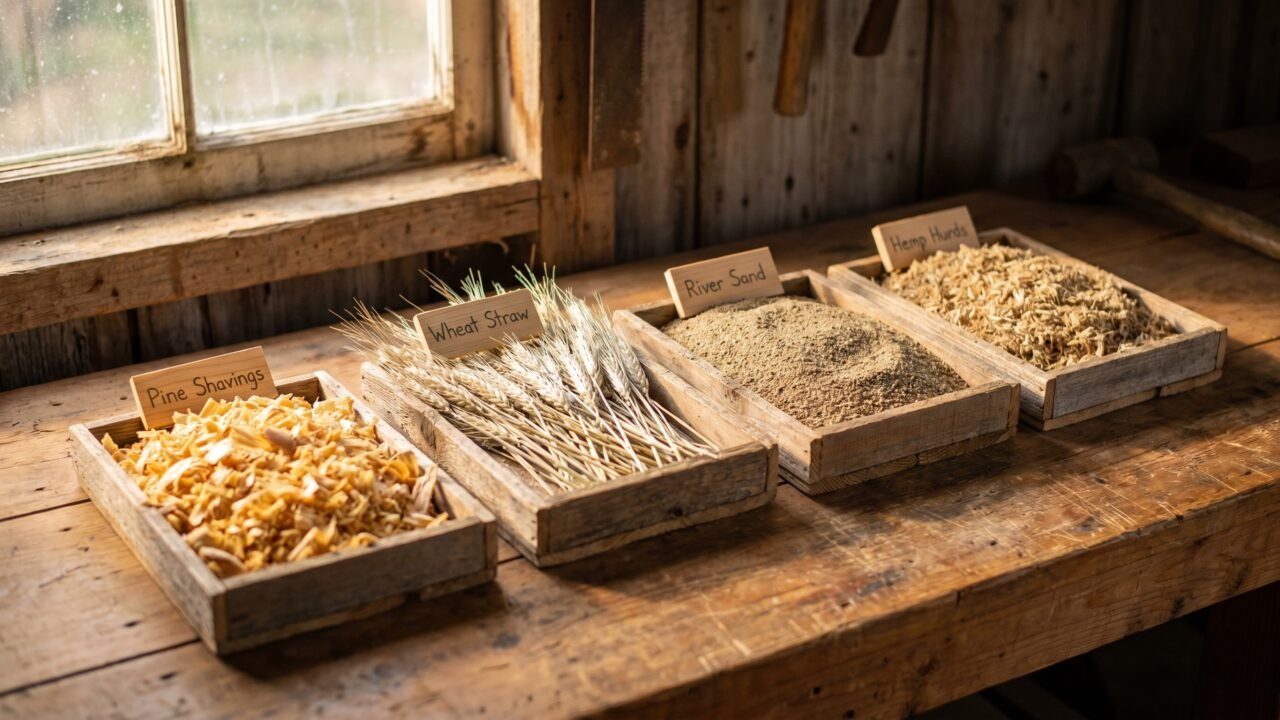 four chicken coop bedding materials in sample trays - pine shavings, straw, sand, and hemp