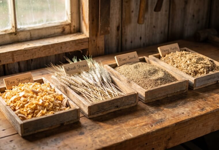 four chicken coop bedding materials in sample trays - pine shavings, straw, sand, and hemp